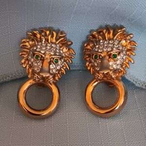 Lion Head Gold Earrings with Green Eyes